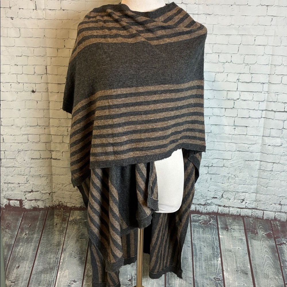Cashmere Poncho Cape Scarf Gray Tan Stripe Boho Western 100% Cashmere Handmade - Picture 16 of 16